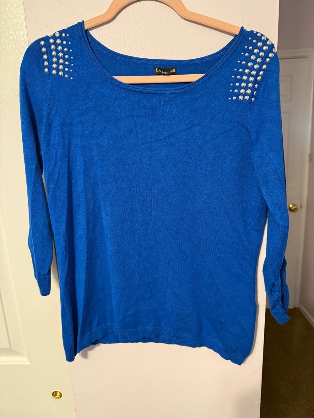 Express Royal Blue Studded Shoulder Scoop-Neck Sweater
